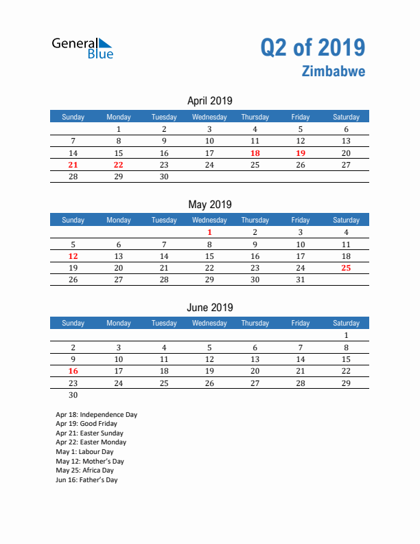 Zimbabwe Q2 2019 Quarterly Calendar with Sunday Start