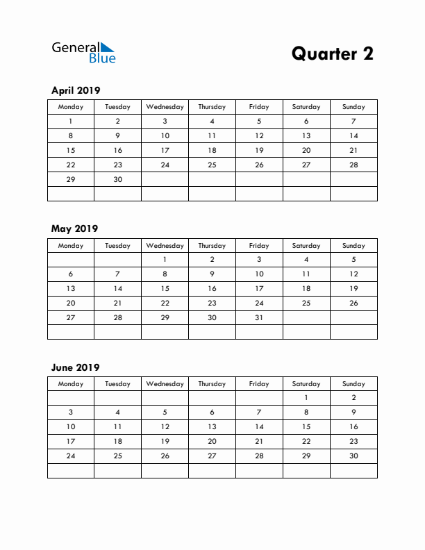 Quarter 2 2019 Calendar - Monday Start