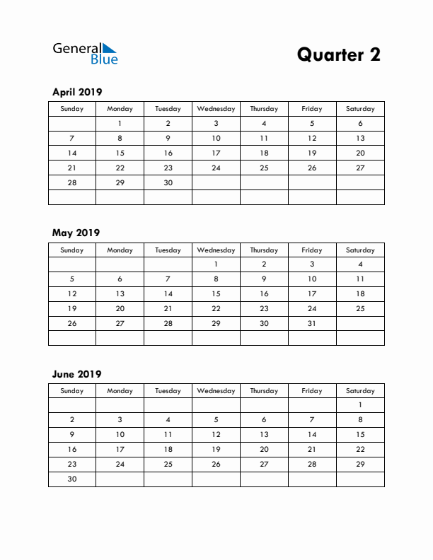 Quarter 2 2019 Calendar - Sunday Start