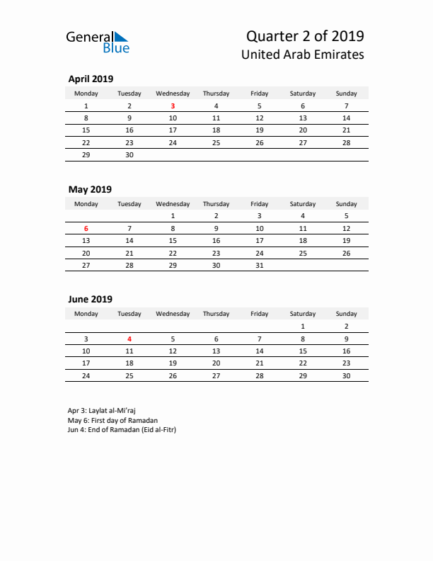 2019 Q2 Three-Month Calendar for United Arab Emirates