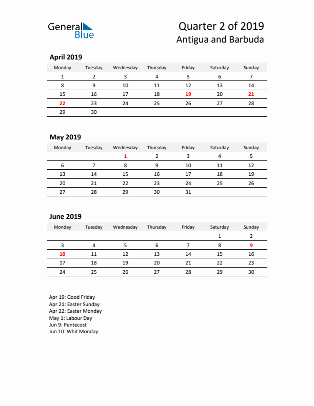 2019 Q2 Three-Month Calendar for Antigua and Barbuda