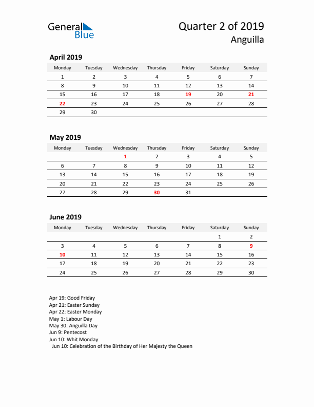 2019 Q2 Three-Month Calendar for Anguilla