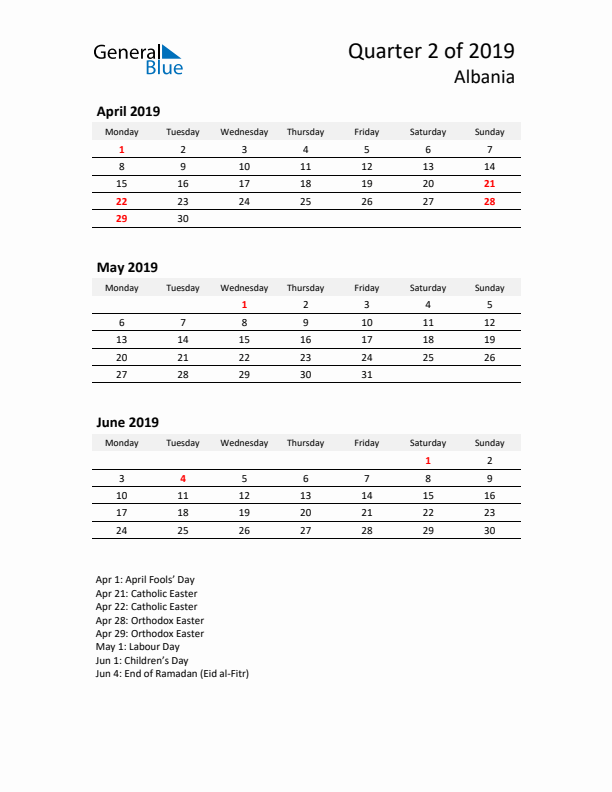 2019 Q2 Three-Month Calendar for Albania