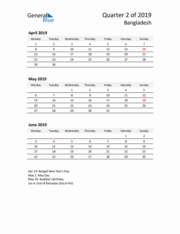 2019 Q2 Three-Month Calendar for Bangladesh