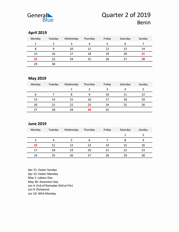 2019 Q2 Three-Month Calendar for Benin