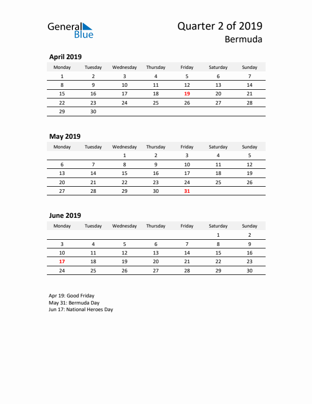 2019 Q2 Three-Month Calendar for Bermuda