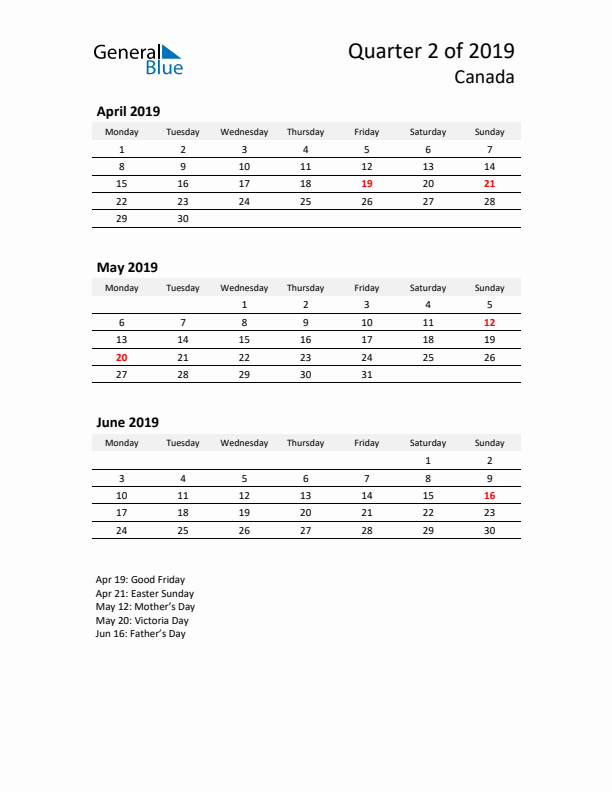 2019 Q2 Three-Month Calendar for Canada