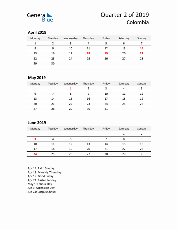 2019 Q2 Three-Month Calendar for Colombia