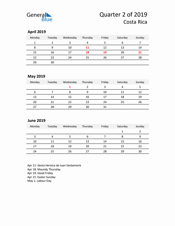 2019 Q2 Three-Month Calendar for Costa Rica