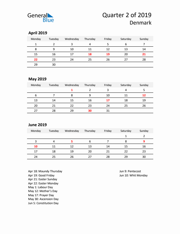 2019 Q2 Three-Month Calendar for Denmark