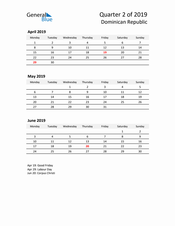 2019 Q2 Three-Month Calendar for Dominican Republic