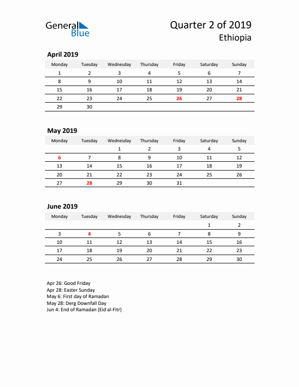 2019 Q2 Three-Month Calendar for Ethiopia