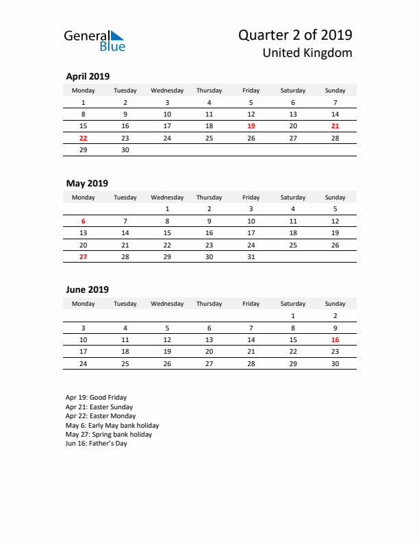 2019 Q2 Three-Month Calendar for United Kingdom