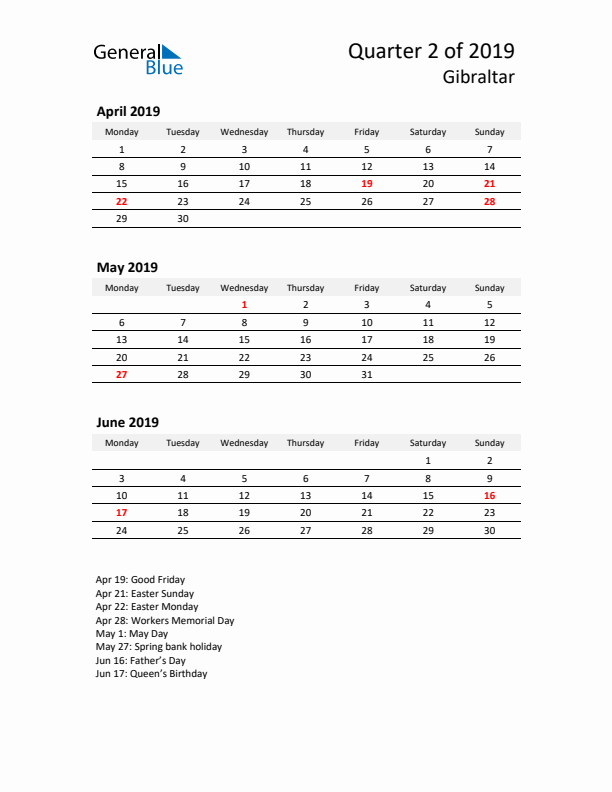 2019 Q2 Three-Month Calendar for Gibraltar