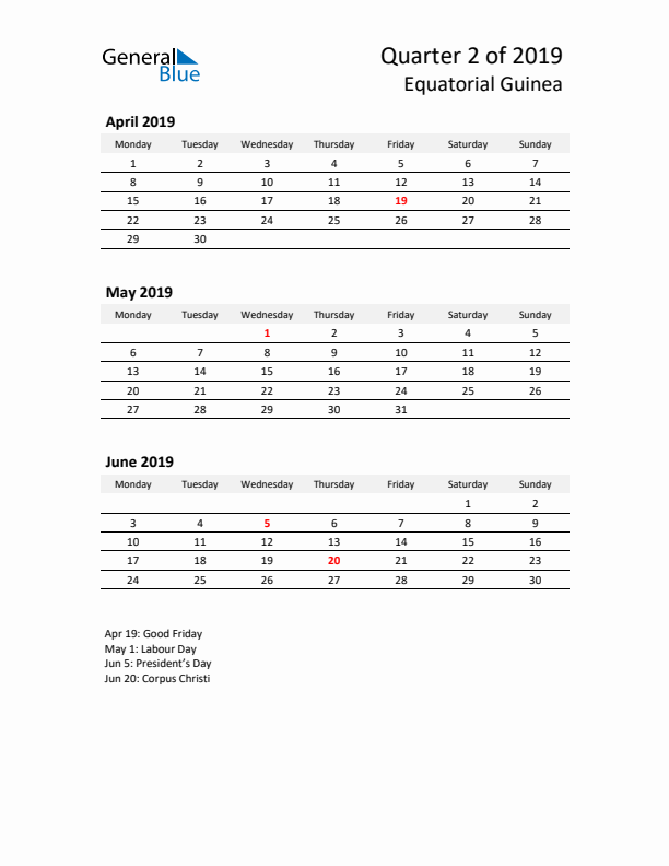 2019 Q2 Three-Month Calendar for Equatorial Guinea