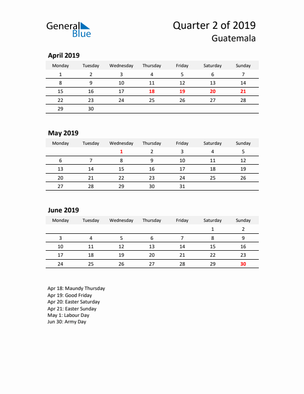 2019 Q2 Three-Month Calendar for Guatemala