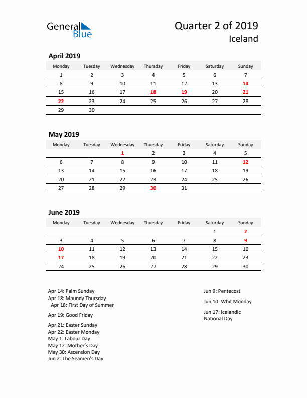 2019 Q2 Three-Month Calendar for Iceland