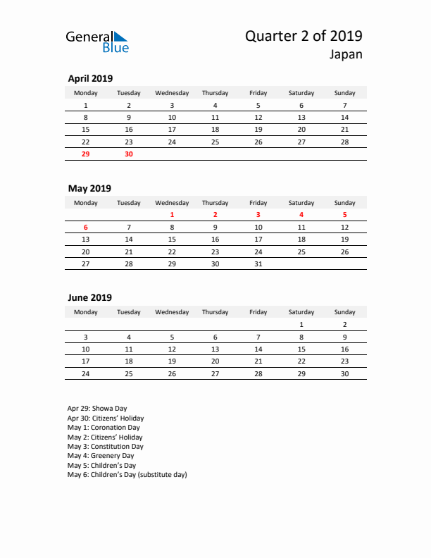 2019 Q2 Three-Month Calendar for Japan