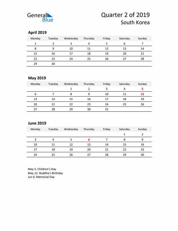 2019 Q2 Three-Month Calendar for South Korea