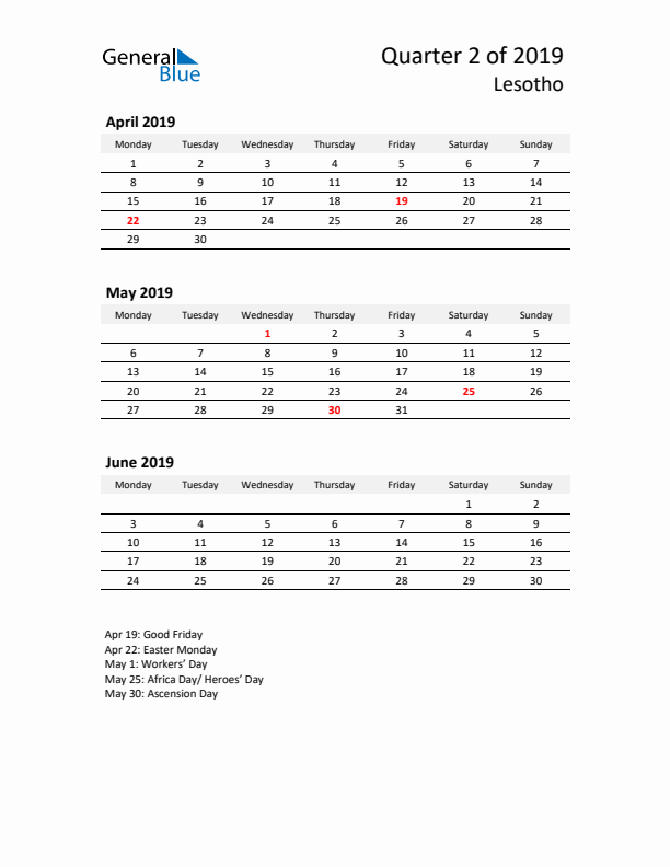 2019 Q2 Three-Month Calendar for Lesotho