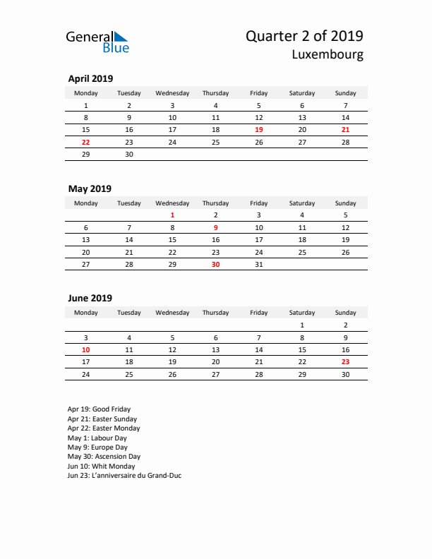 2019 Q2 Three-Month Calendar for Luxembourg