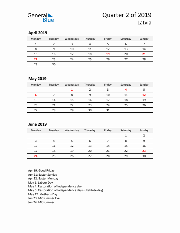 2019 Q2 Three-Month Calendar for Latvia