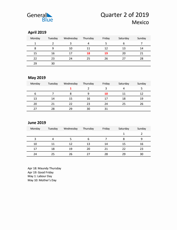 2019 Q2 Three-Month Calendar for Mexico