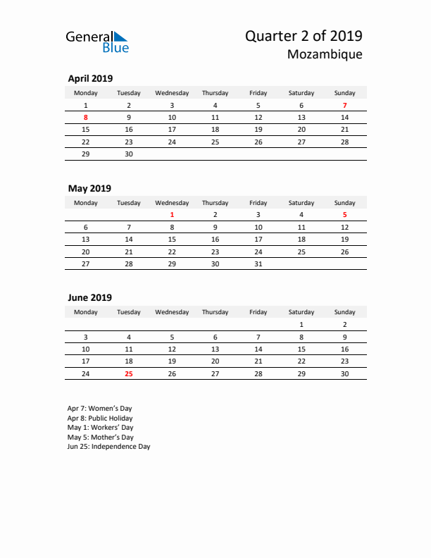 2019 Q2 Three-Month Calendar for Mozambique