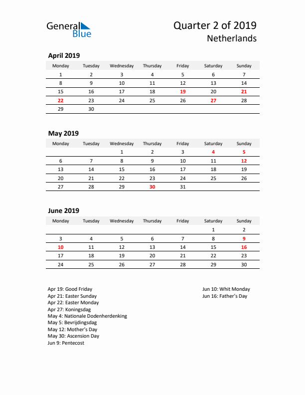 2019 Q2 Three-Month Calendar for The Netherlands