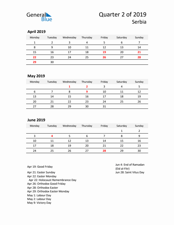 2019 Q2 Three-Month Calendar for Serbia