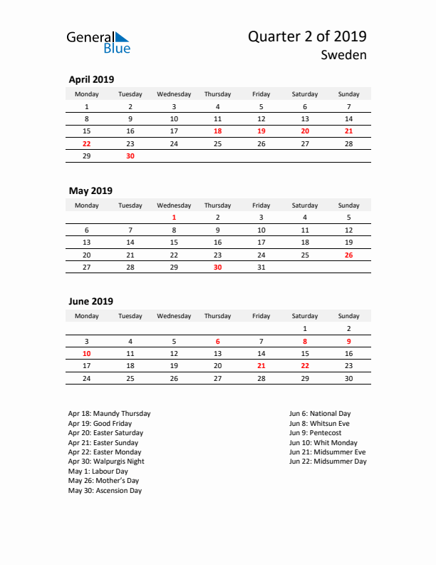 2019 Q2 Three-Month Calendar for Sweden