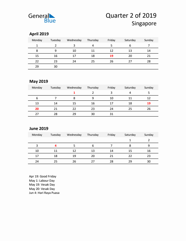 2019 Q2 Three-Month Calendar for Singapore