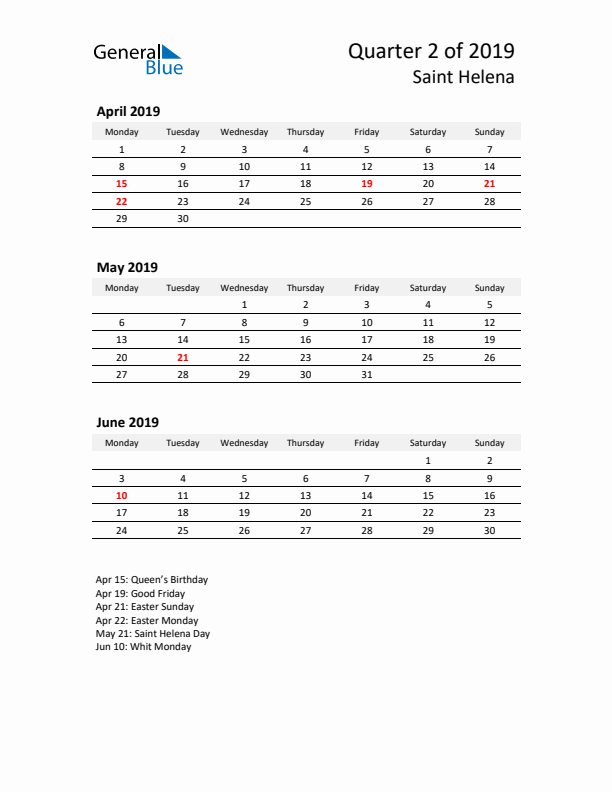 2019 Q2 Three-Month Calendar for Saint Helena