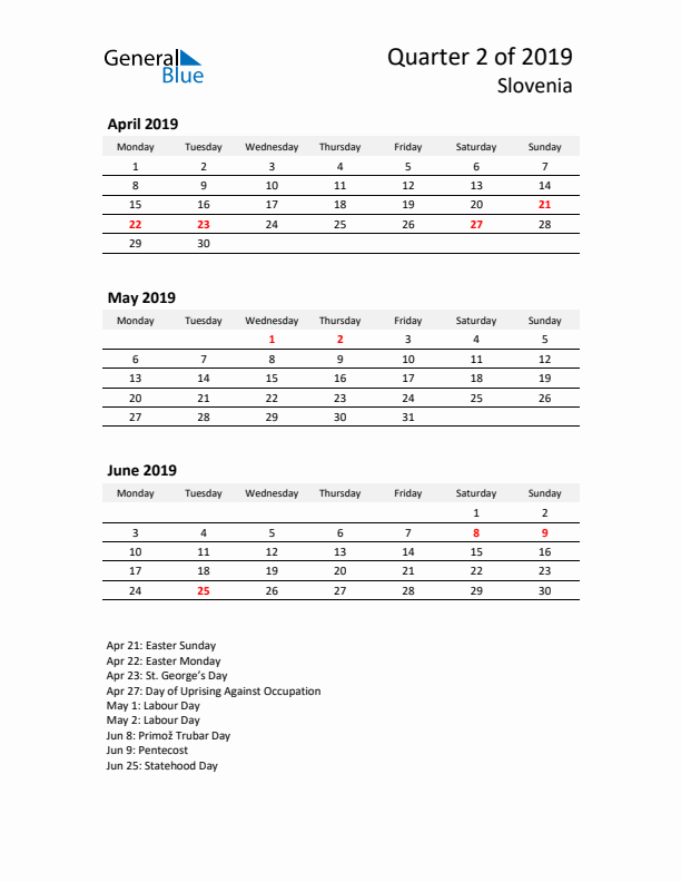 2019 Q2 Three-Month Calendar for Slovenia