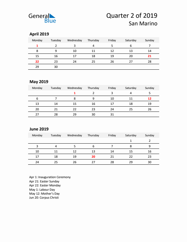 2019 Q2 Three-Month Calendar for San Marino