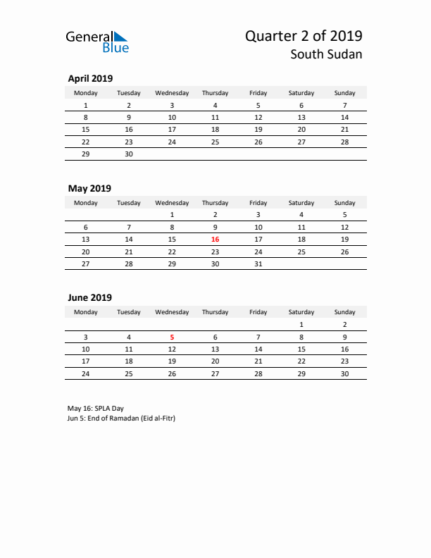 2019 Q2 Three-Month Calendar for South Sudan