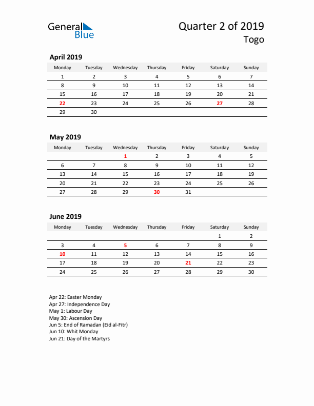 2019 Q2 Three-Month Calendar for Togo