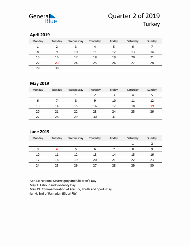 2019 Q2 Three-Month Calendar for Turkey