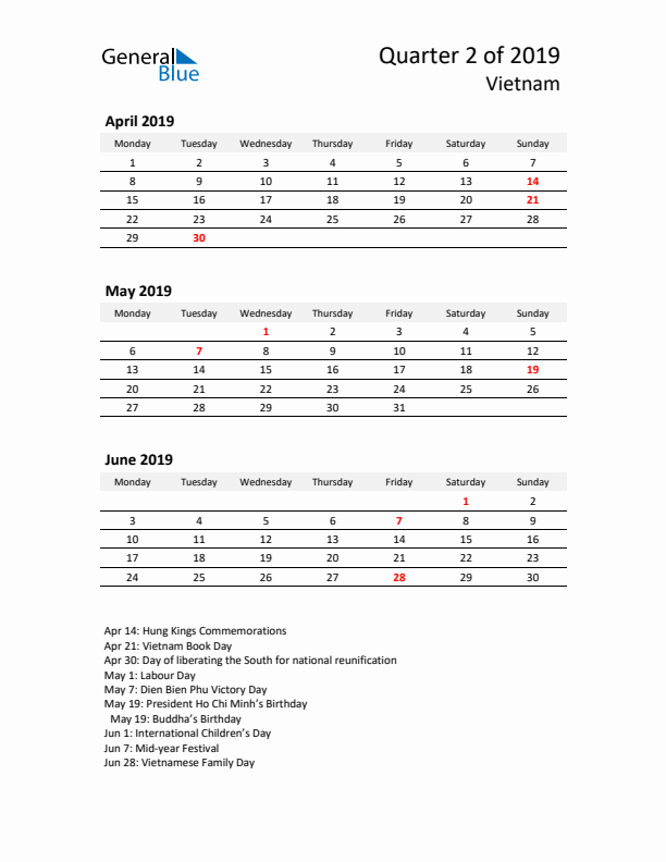 2019 Q2 Three-Month Calendar for Vietnam