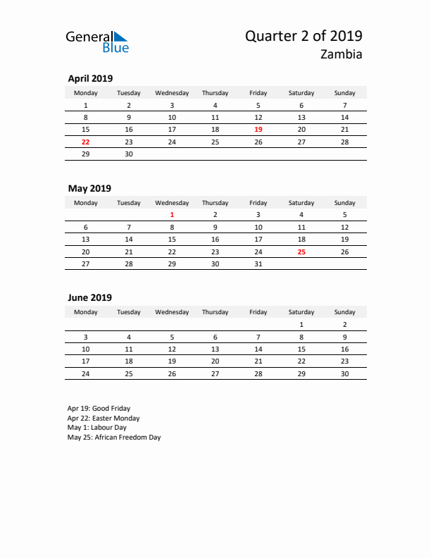 2019 Q2 Three-Month Calendar for Zambia