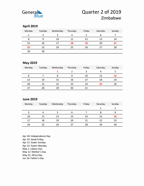 2019 Q2 Three-Month Calendar for Zimbabwe