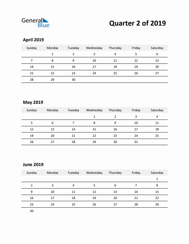 2019 Three-Month Calendar (Quarter 2)