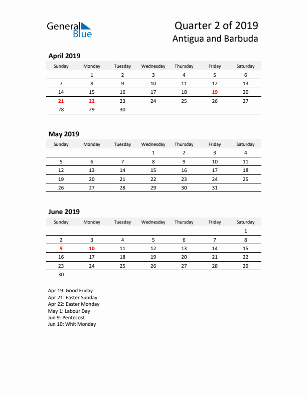 2019 Q2 Three-Month Calendar for Antigua and Barbuda