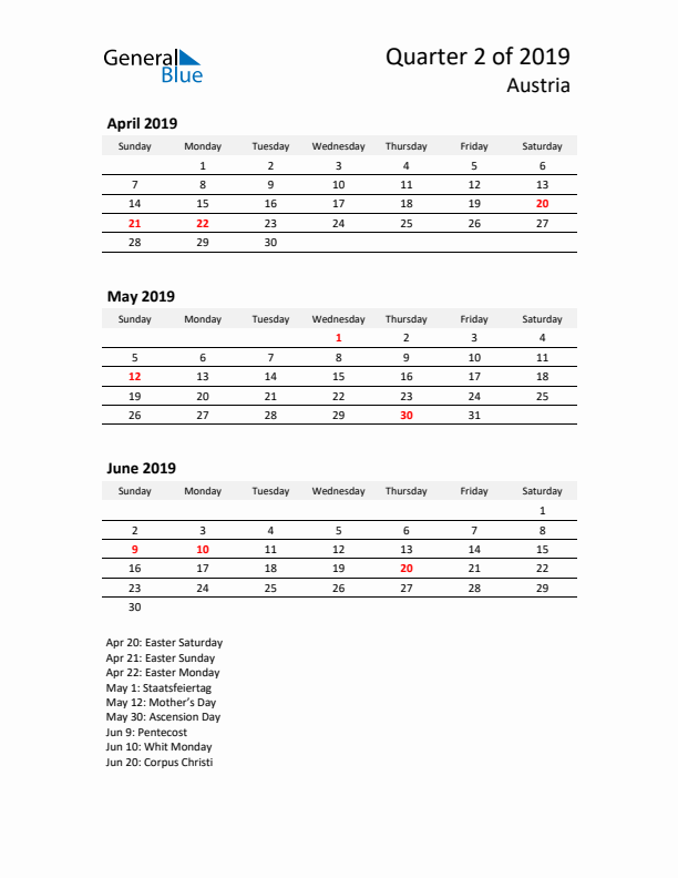 2019 Q2 Three-Month Calendar for Austria