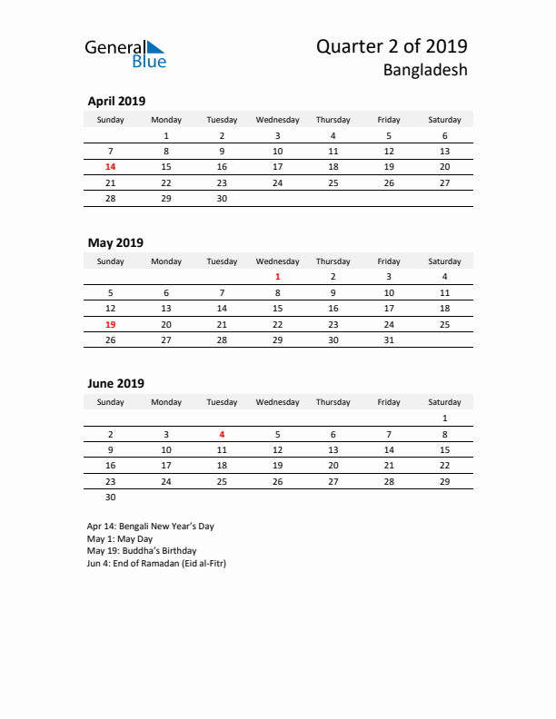 2019 Q2 Three-Month Calendar for Bangladesh