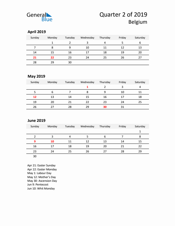 2019 Q2 Three-Month Calendar for Belgium