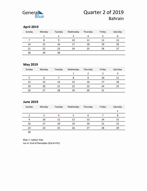 2019 Q2 Three-Month Calendar for Bahrain