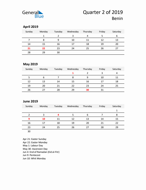 2019 Q2 Three-Month Calendar for Benin