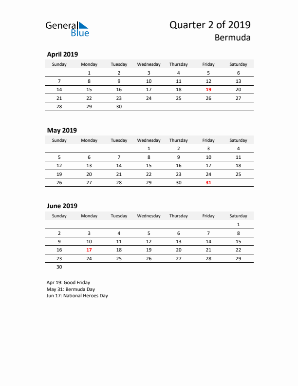 2019 Q2 Three-Month Calendar for Bermuda