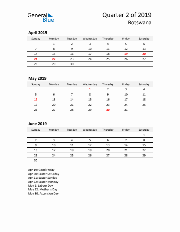 2019 Q2 Three-Month Calendar for Botswana